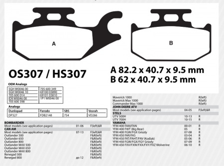 Тормозные колодки для Brp G1/RM/Stels/Yamaha HS307 Усиленные (Rival)